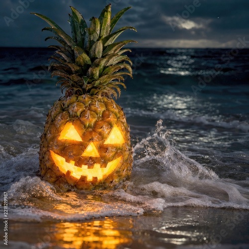 A jack-o'-lantern carved from a pineapple rests on a beach, its inner glow illuminating the dark ocean backdrop as waves gently crash nearby