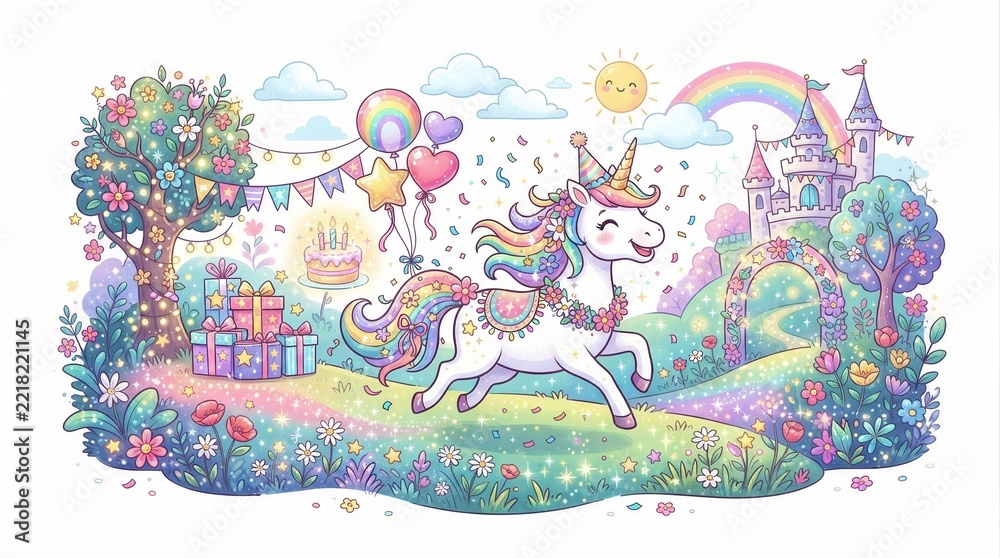 Fototapeta premium Unicorn prancing in pastel birthday meadow with castle