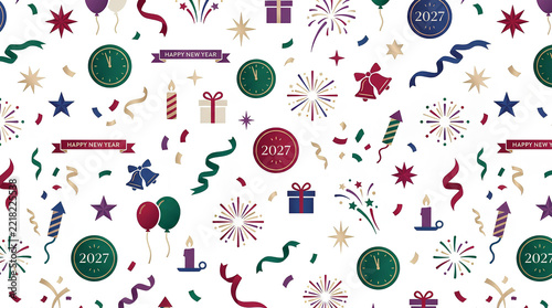 Happy New Year celebration pattern featuring festive clocks, gifts and colorful fireworks