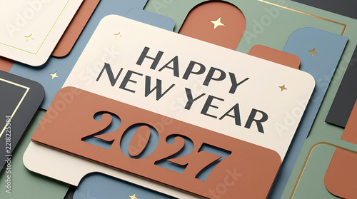 Happy New Year 2027 layered 3d papercraft greeting card background with modern geometric shapes