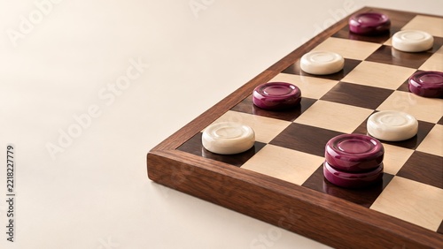 Plum and Ivory Glazed Ceramic Checkers on a Wooden Board Corner