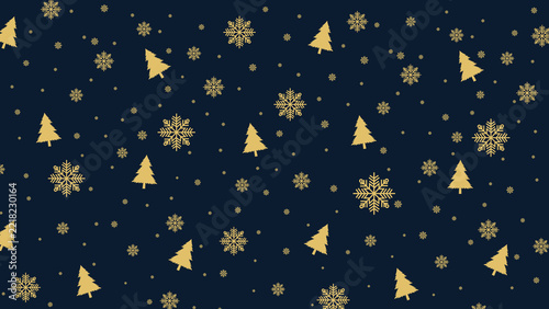 Luxury Christmas vector pattern featuring gold pine tree icons and intricate snowflakes on dark navy blue background. Ideal seasonal background for holiday greeting cards and gift wrap design.