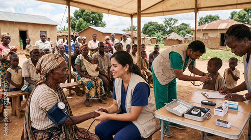 Medical team providing health care to villagers in a rural setting  