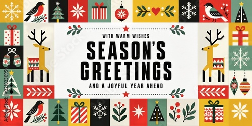 Seasons Greetings Card With Festive Designs and Warm Wishes for the Holiday S...