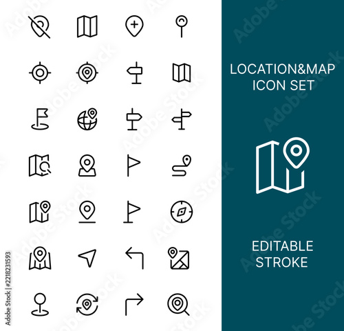 Location and Map Outline Icon – Navigation, GPS, Travel and Destination editable vector set