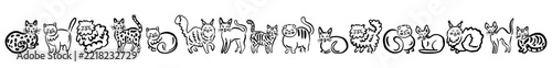 A horizontal pattern of funny hand-drawn cats of different breeds in doodle style
