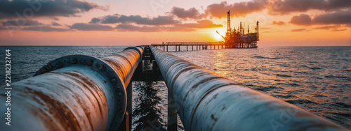 Parallel metal pipelines cross the sea toward an offshore platform under an orange sunset, energy supply, marine infrastructure, industrial transport.