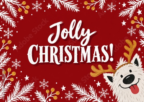 Jolly Christmas Greeting Card With Festive Design and Playful Dog Illustration