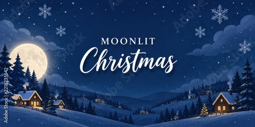 Moonlit Christmas Scene With Snow, Houses, Moon, and Trees