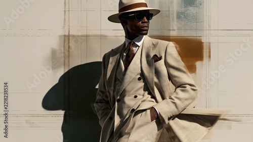 Elegant man in vintage suit and hat casting a shadow for fashion editorial branding and timeless lifestyle advertising.