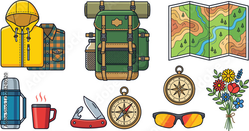 Hiking and camping adventure equipment vector icon set with backpack map compass pocket knife jacket and thermos
