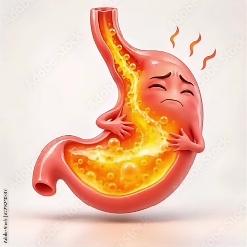 Playful 3D animation of a stomach character with bubbling acid and rising reflux, visualizing heartburn and digestive discomfort in a clear medical cartoon style.
