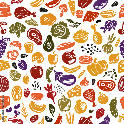 A seamless pattern featuring hand-drawn doodle-style illustrations of healthy food, produce, vegetables, and fruits.