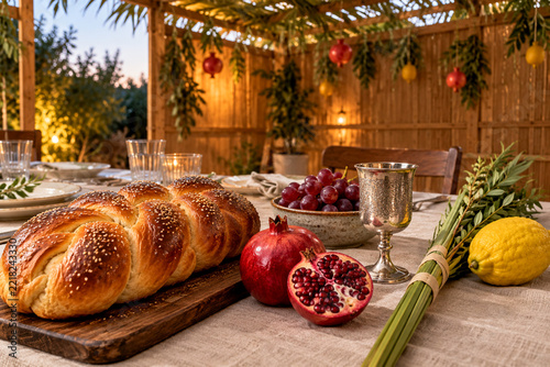 Traditional Sukkot Holiday Table with Challah Pomegranate Etrog and Lulav