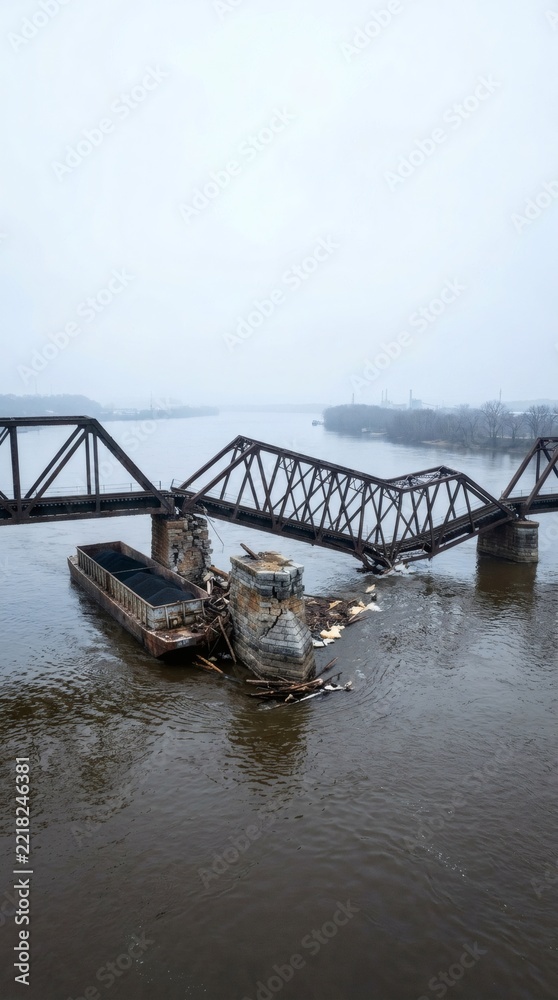 Fototapeta premium Collapsed railway bridge struck by a cargo barge in a wide river