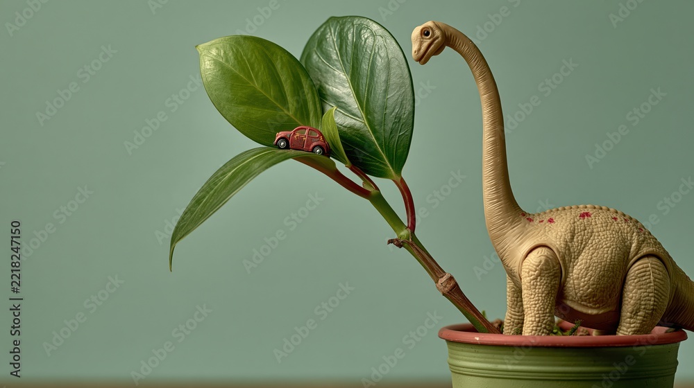 Fototapeta premium Angled view of toy brontosaurus using its long neck as a crane to rescue a toy car from between leaves. Funny toy photo for kids and humor content.