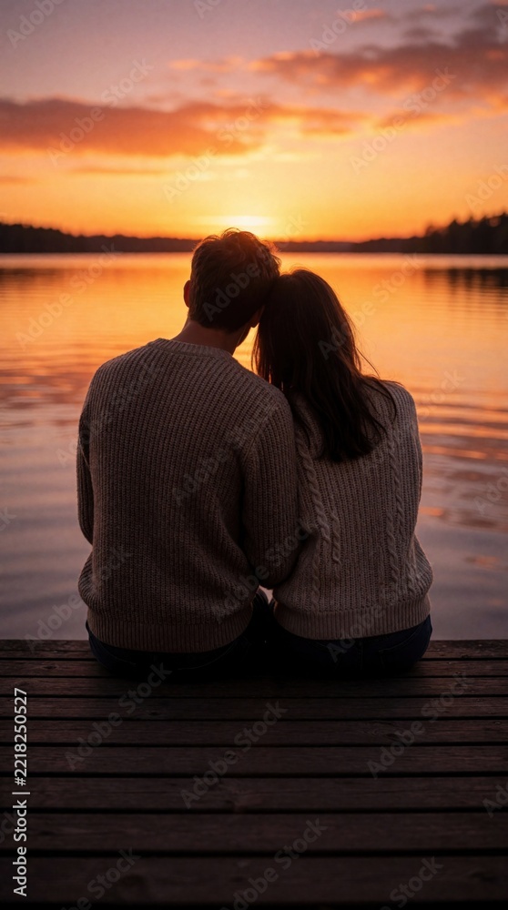 Fototapeta premium Young man, woman sit together on wooden pier watching orange sunset over calm lake. Romantic couple rests close in nature, enjoying peaceful evening view. Lovers share quiet moment by water during