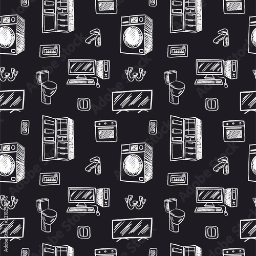 Seamless pattern with hand-drawn doodle-style illustrations depicting home appliances: a refrigerator, a computer, and a washing machine