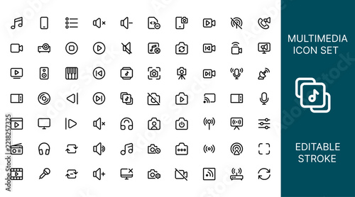 Multimedia Outline Icon– Audio, Video, Music, Media Player, and Entertainment editable stroke vector set