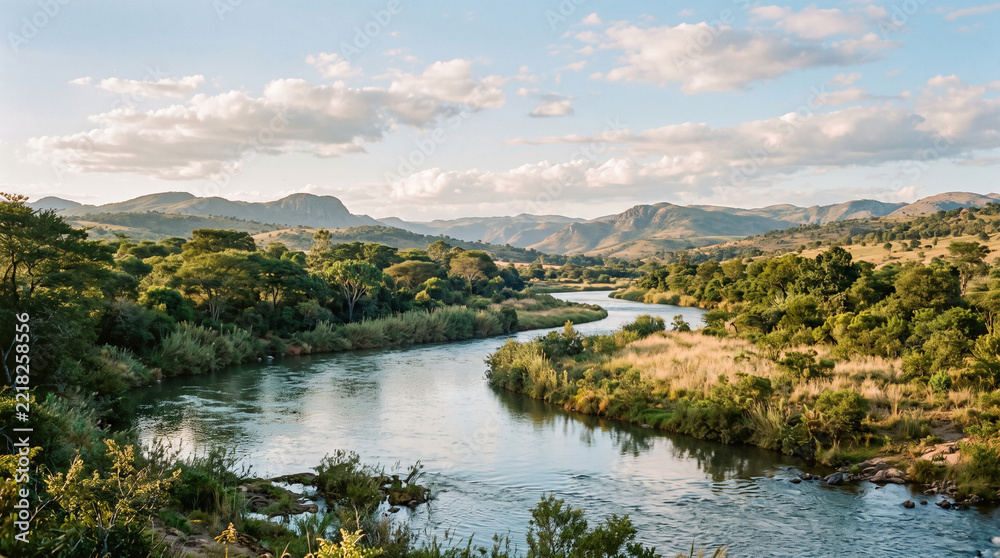 Fototapeta premium river flowing through african countryside landscape with mountains