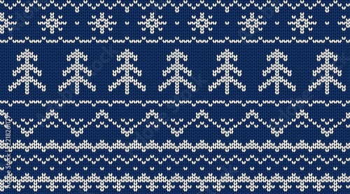 Christmas knitted seamless pattern. Winter ornament on navy background