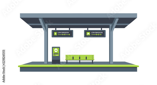 Sustainable Urban Public Transport Stop Vector: Modern Eco-Friendly Bus or Tram Station with Low Emission Signage and Green Infrastructure