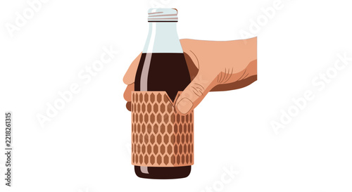 Illustration of a Person's Hand Holding a Glass Bottle with Dark Liquid and Recycled Honeycomb Paper Sleeve, Isolated on White Background