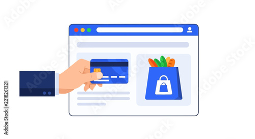 Online Grocery Shopping and Food Delivery Concept Vector Illustration showing Hand Holding Credit Card for Payment on E-commerce Website Browser Window