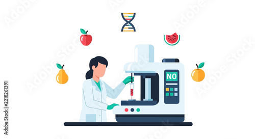 Female Scientist in Lab Researching GMO Foods and DNA Modification, Flat Vector Illustration of Agricultural Biotechnology and Laboratory Testing