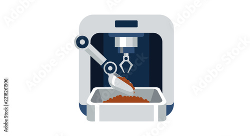 Automated Industrial Robotic Arm with Scoop Processing Material Pellets in Factory Machine, Modern Vector Illustration for Manufacturing and Smart Technology Concepts