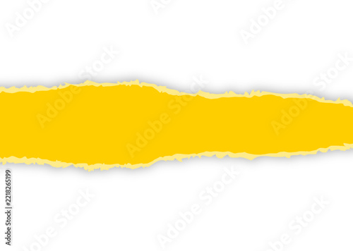 Torn yellow paper strip with ripped edges and soft shadow on transparent background.