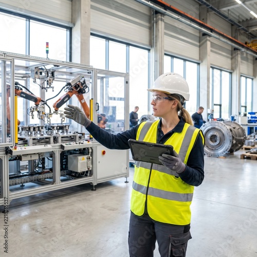 Female engineer using a tablet beside large industrial equipment