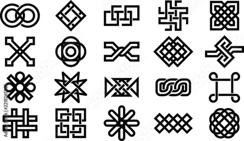 Geometric Abstract Symbols Collection, black minimalist vector illustration featuring intricate knots and patterns for branding
