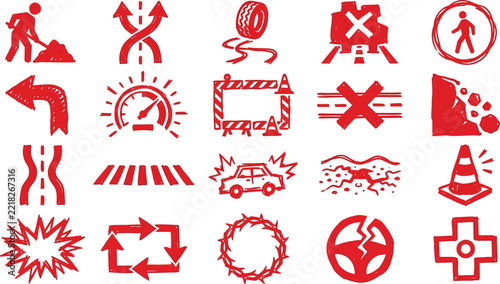 Red Hand Drawn Traffic Signs and Road Safety Icons vector illustration for transportation design projects
