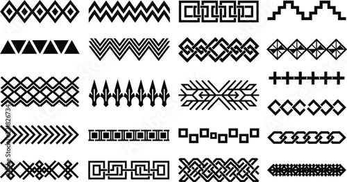 Tribal borders and geometric patterns vector illustration featuring black decorative line art dividers