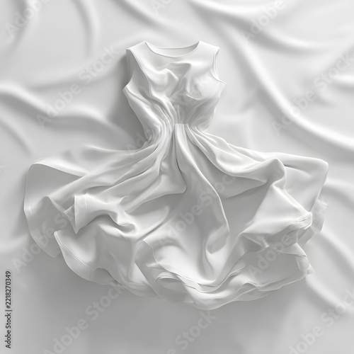 Elegant white sleeveless dress with soft flowing drapery folds on a matching white silk fabric background