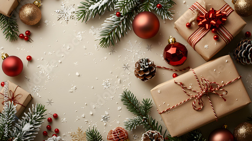 Elegant Christmas flat lay background with brown kraft paper gift boxes red ornaments and frosted pine branches with copy space