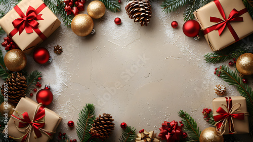 Festive Christmas border flat lay with kraft paper gift boxes red bows pine cones and copy space on a textured background