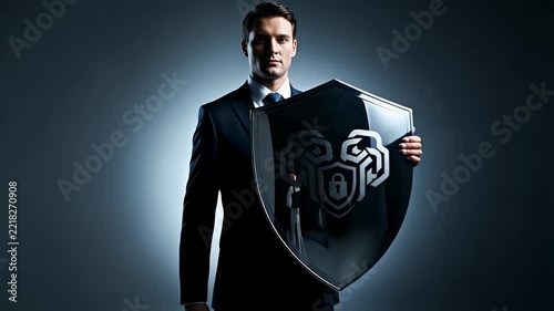 Man In Dark Suit Holds Shield With Digital Security Icon