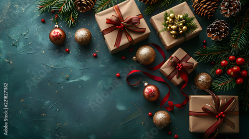 Christmas flat lay background with wrapped craft gift boxes, pine branches, and golden ornaments on dark green texture