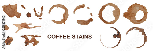 Set of coffee stains and drops. Vector marks from cup ring and droplets isolated on white background