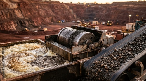 Crushed rare earth ore with flotation froth, magnetic separator and conveyor belts inside an industrial mining facility
