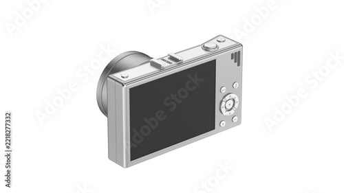 Silver mirrorless digital camera with zoom lens on white background