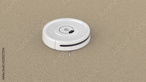 Cleaning brown carpet with white robot vacuum cleaner