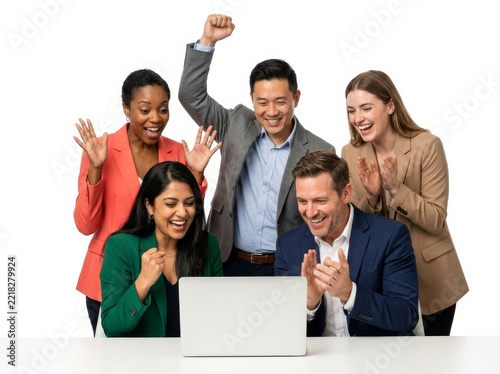 A diverse group of professionals cheerfully celebrates a successful achievement at work.