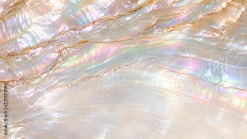 Iridescent mother-of-pearl nacre layers shimmering in soft frontal light