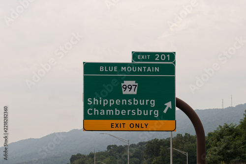Blue Mountain Exit 201 sign on the Pennsylvania Turnpike, I-76, For PA-997 toward Shippensburg and Chambersburg, PA