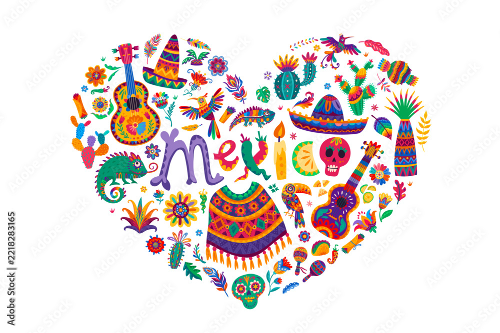 Fototapeta premium I love Mexico heart shape with Mexican ethnic folklore decorations and food. Vector traditional ornament with Mexico lettering, guitar, sombrero and cactus. Skull, candle, maracas, taco and flowers