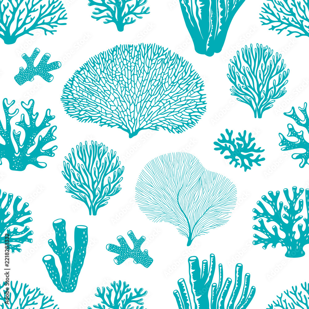 Fototapeta premium Silhouettes of sea blue coral reef and ocean seaweed seamless pattern background. Underwater pattern with sea fan corals, brain corals, tube sponges and aquatic plants for coastal home decor textiles