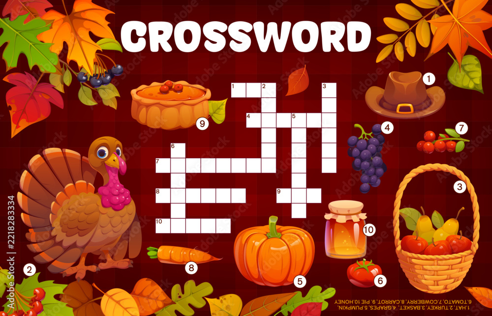 Fototapeta premium Autumn and Thanksgiving crossword quiz grid. Fall word puzzle featuring turkey, pumpkin, pilgrim hat, honey jar, grapes and pie. Vibrant crossword quiz grid with fall leaves for Thanksgiving worksheet